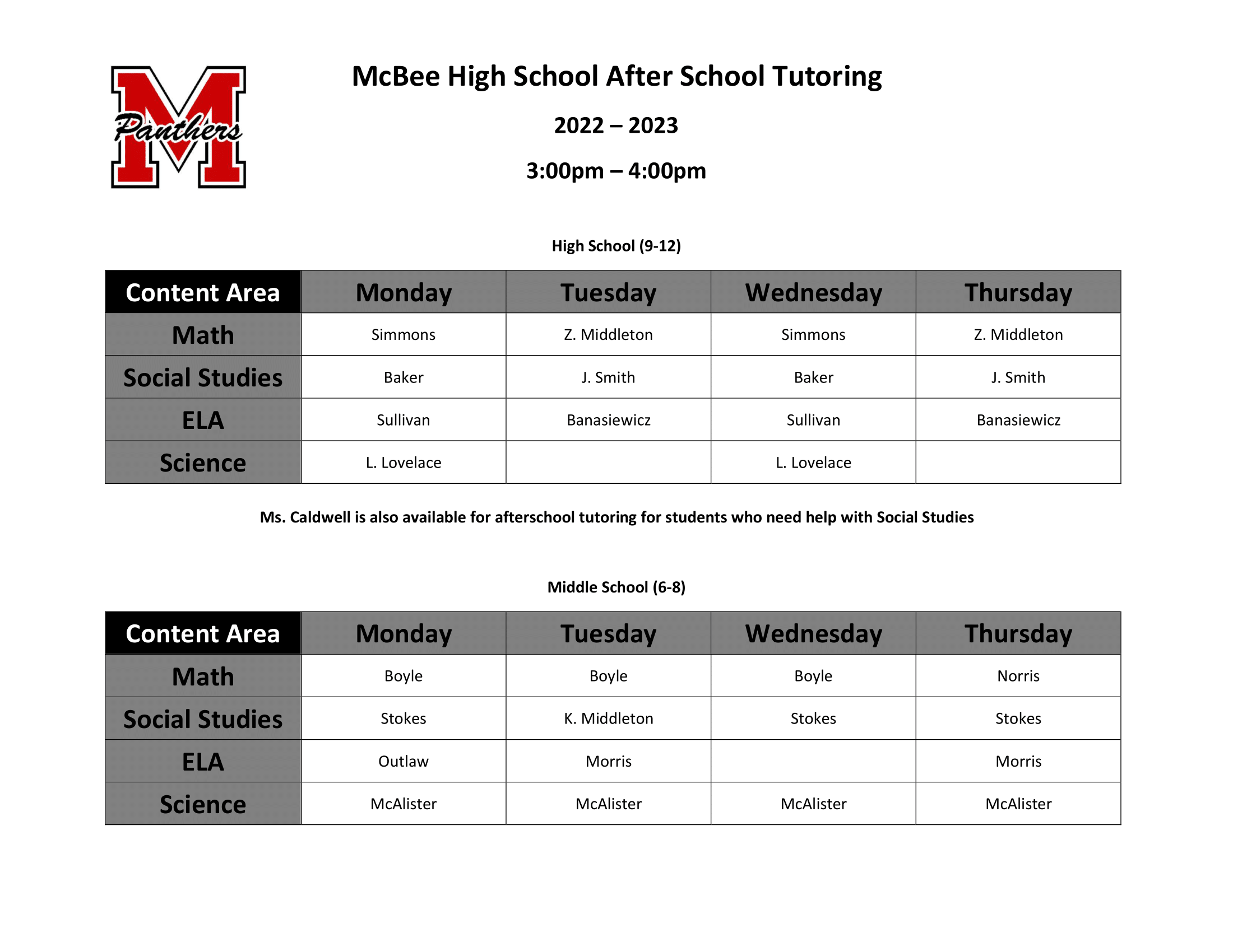 After-school Tutoring Schedule